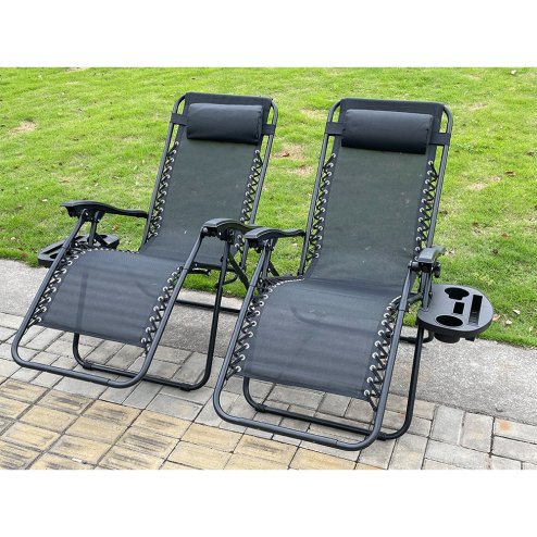 Fimous 2 PC Folding Chair Adjustable Sun Lounger With Cup Holder black