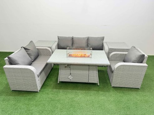 Fimous Patio PE Wicker 6 Seater Outdoor Rattan Furniture Sofa Sets with Firepit Dining Table Reclining Chair Loveseat Sofa 3 Seater Sofa 2 Side Table Light Grey
