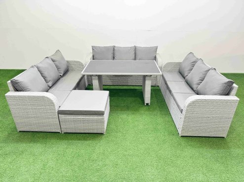 Fimous Patio Garden Furniture Sets with Black Glass Top Dining Table 3 Seater Sofa Big Stool Light Grey