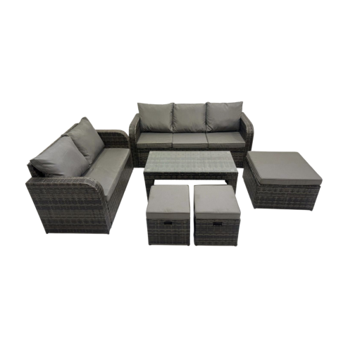 Fimous Rattan Garden Outdoor Furniture Set 3 Seater Sofa Love Sofa Coffee Table with 3 Footstools Dark Grey Mixed