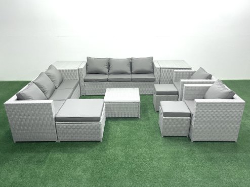 Fimous Outdoor Rattan Sofa Garden Furniture Set with 2 Armchairs Square Coffee Table 3 Footstools 2 Side Tables Light Grey Mixed