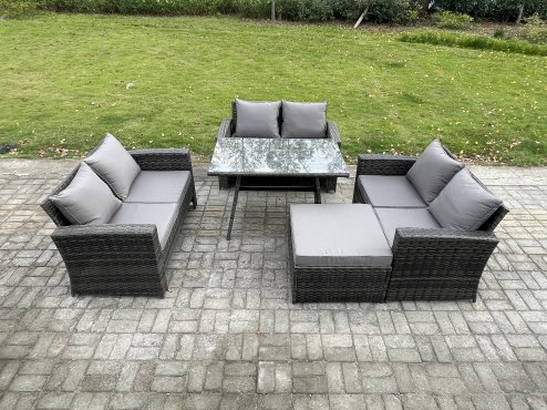Fimous 7 Seater Rattan Wicker Garden Furniture Patio Conservatory Sofa Set with Rectangular Dining Table Love Seat Sofa Big Footstool