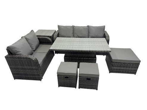 Fimous Rattan Garden Furniture Dining Set 8-seater Patio Height Adjustable Rising Lifting Table Sofa Set with 3 Footstools Side Table Dark Grey Mixed