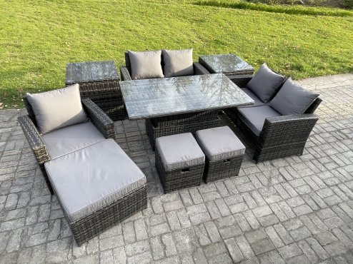 Fimous 8 Seater Outdoor Rattan Patio Furniture Set Garden Height Adjustable Rising Lifting Table Sofa Dining Set with 2 Side Tables 3 Footstools Dark Grey Mixed