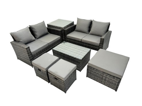 Fimous PE Rattan Garden Furniture Set Lounge Double Seat Sofa Coffee Table Set with Side Table 3 Stools Dark Grey MixedMixed