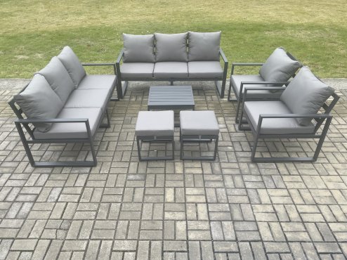 Fimous Aluminium Patio Outdoor Garden Furniture Lounge Sofa Set with Square Coffee Table 2 Chairs 2 Small Footstool Dark Grey