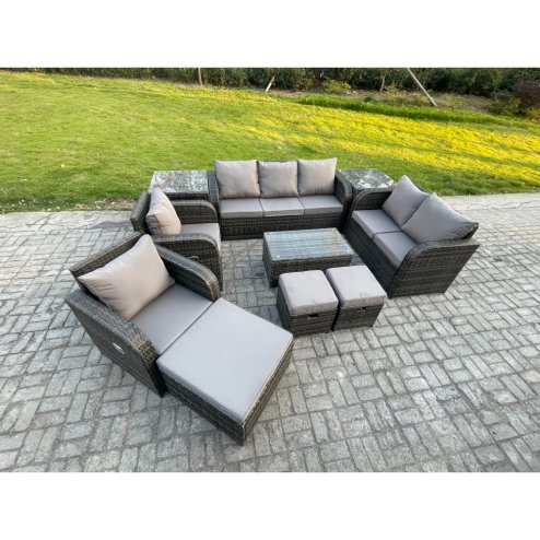 Fimous Patio Garden Furniture Sets Wicker 10 Seater Outdoor Rattan Furniture Sofa Sets with Rectangular Coffee Table Reclining Chair Loveseat Sofa 2 Side Tables 3 Footstools