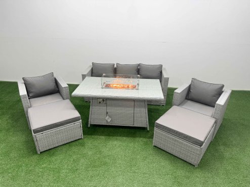 Fimous 7 Seat PE Rattan Lounge Sofa Set Outdoor Garden Furniture Set with Firepit Dining Table 3 Seater Sofa 2 Big Footstools Light Grey