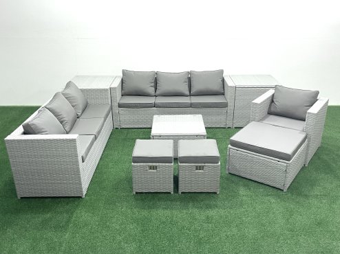 Fimous Wicker PE Rattan Sofa Garden Furniture Set with Armchair Square Coffee Table 3 Footstools 2 Side Tables Light Grey Mixed