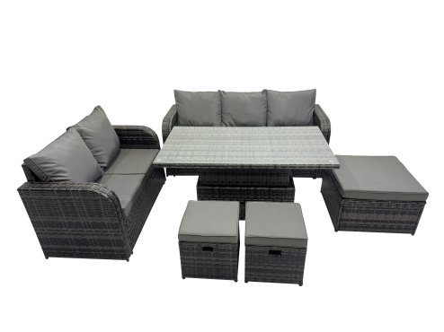 Fimous Rattan Garden Furniture Dining Set 8-seater Patio Height Adjustable Rising Lifting Table Sofa Set with 3 Footstools Dark Grey Mixed