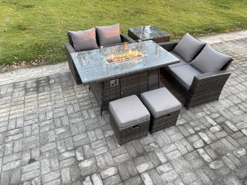 Fimous 6 Pieces Garden Furniture Sets Poly Rattan Outdoor Patio Gas Firepit Dining Table Sofa Set with Side Table 2 Small Footstools