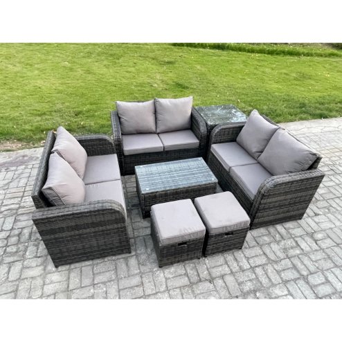 Fimous Outdoor Garden Furniture Sets 8 Seater Wicker Rattan Furniture Sofa Sets with Rectangular Coffee Table Love Sofa Side Table 2 Small Footstools Dark Grey Mixed