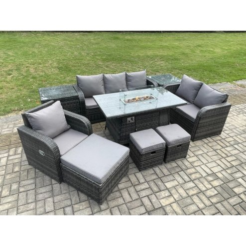 Fimous Garden Patio Furniture Wicker Rattan Gas Fire Pit Table and Sofa Chair set with 2 Side Tables 3 Footstool