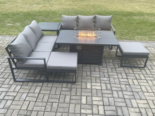 Fimous Aluminium Outdoor Lounge Sofa Garden Furniture Sets Gas Fire Pit Dining Table Set with 2 Big Footstools Side Table Dark Grey