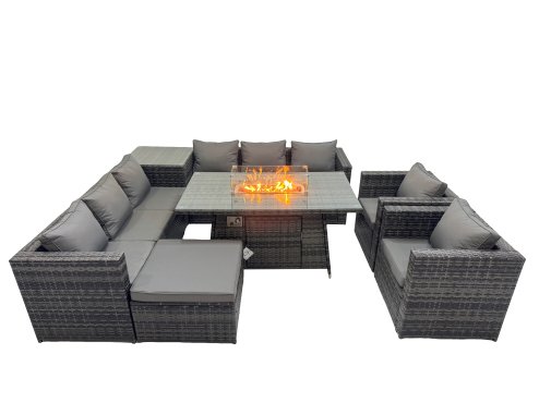 Fimous 9 Seater Garden Outdoor Rattan Furniture Set Patio Corner Sofa Gas Firepit Dining Table with Side Table Big Stool Dark Grey