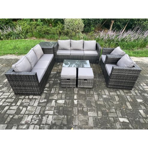 Fimous Outdoor Lounge Sofa Set Wicker PE Rattan Garden Furniture Set with 2 Armchairs Oblong Coffee Table Side Table 2 Small Footstools Dark Grey Mixed