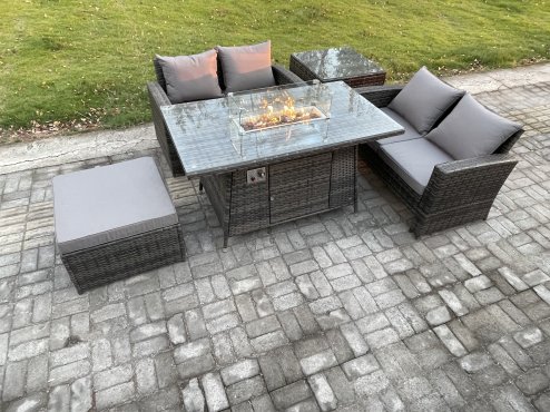 Fimous 5 Pieces Garden Furniture Sets Poly Rattan Outdoor Patio Gas Firepit Dining Table Sofa Set with Side Table Big Footstool