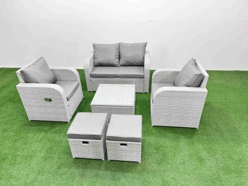 Fimous Light Grey PE Wicker Rattan Garden Furniture Set Sofa Set Reclining Adjustable Chair Square Coffee Table 6 Seater 2 Small Stools Image