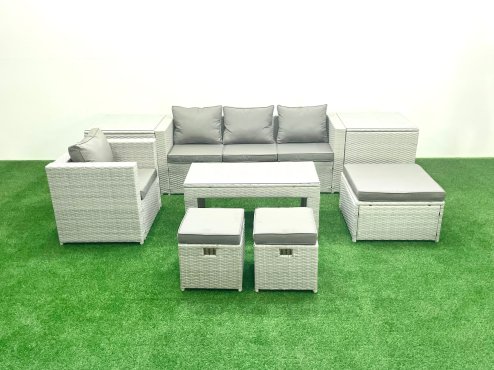 Fimous Rattan Garden Furniture Set Outdoor Lounger Sofa with Coffee Table 3 Footstools 2 Side Tables Light Grey Mixed 7 Seater