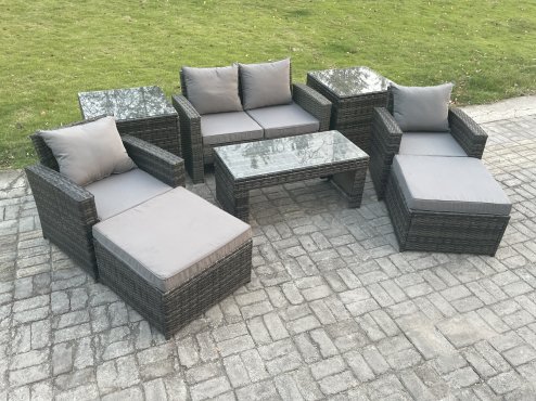 Fimous 8 PCS Outdoor Lounge Sofa Set Wicker PE Rattan Garden Furniture Set with Rectangular Coffee Table Armchair 2 Big Footstool 2 Side Tables Dark Grey Mixed