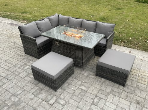 Fimous 8 Seater Rattan Garden Furniture High Back Corner Sofa Gas Fire Pit Dining Table Sets Gas Heater with 2 Big Footstool Dark Grey Mixed