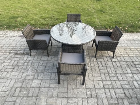 Fimous Wicker PE Outdoor Rattan Garden Furniture Arm Chair And Table Dining Sets 4 Seater Medium Round Table Dark Grey Mixed