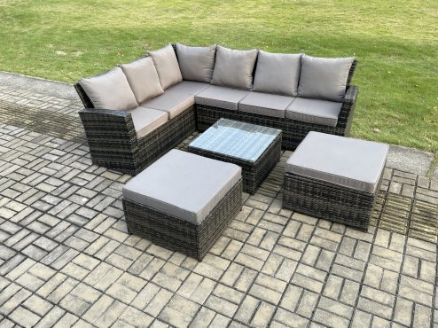Fimous Rattan Garden Furniture Set Outdoor Lounge Corner Sofa Set With Square Coffee Table 2 Big Footstool 8 Seater Dark Grey Mixed