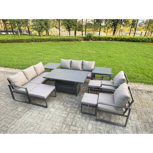 Fimous 9 Piece Garden Furniture Set 11-Seater Aluminium Outdoor Dining Set with Adjustable Rising Lifting Dining Table & Cushions Side Table 3 Footstools Dark Grey