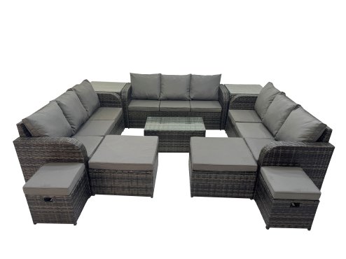 Fimous Outdoor 3 Seater Sofa Coffee Table Set Garden Rattan Furniture Set 13 Seater with 2 Side Tables 4 Stools Dark Grey