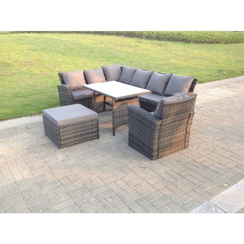 Fimous 8 Seater High Back Rattan Garden Furniture Set Corner Sofa With Oblong Dining Table Footstool With Arm Chair