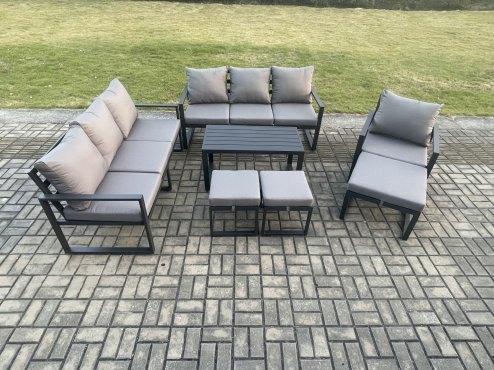 Fimous Aluminium 7 Pieces Garden Furniture Set with Cushions 10 Seater Outdoor Patio Lounge Sofa Set with Armchair 3 Footstools Dark Grey