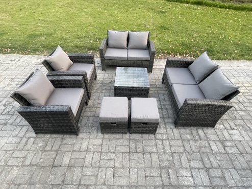 Fimous Rattan Garden Furniture Set Patio Outdoor Lounge Sofa Set with Square Coffee Table Double Seat Sofa 2 Small Footstools Dark Grey Mixed