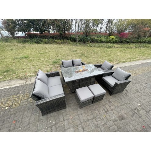Fimous Rattan Outdoor Furniture Gas Fire Pit Rectangle Dining Table Gas Heater Chairs Two Seater Love Sofa Sets Footstools 8 Seater