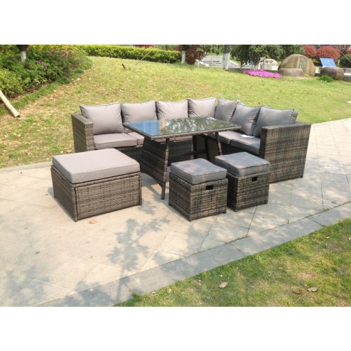 Fimous 9 Seater Grey Rattan Corner Sofa Set Dining Table with 2 Small Footstool Garden Furniture Outdoor