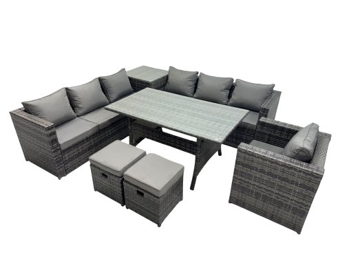 Fimous 9 Seater Outdoor Corner Sofa Chair Dining Table Set Garden Rattan Furniture Set with Side Table 2 Small Stools Dark Grey