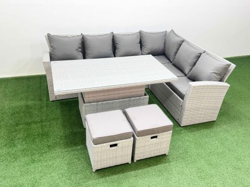 Fimous 8 Seat Rattan Garden Furniture Corner Sofa Set Outdoor Adjustable Lifting Dining or Coffee Table Set with Armchair 2 Small Footstools Light Grey
