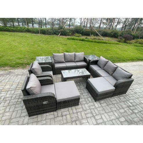 Fimous 10 Seater Wicker PE Rattan Sofa Set Outdoor Patio Garden Furniture Set with Reclining Chairs Coffee Table 2 Side Tables 2 Big Footstool Dark Grey Mixed