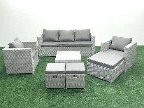 Fimous Rattan Garden Outdoor Furniture Sofa Set with Square Coffee Table 2 Chairs 3 Footstools Light Grey Mixed