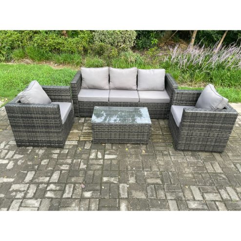 Fimous 5 Seater Outdoor Lounge Sofa Set Wicker PE Rattan Garden Furniture Set with 2 Armchair Oblong Coffee Table Dark Grey Mixed
