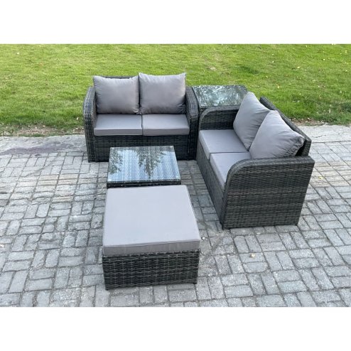 Fimous Rattan Sofa Set Outdoor Garden Furniture Set with Square Coffee Table Loveseat Sofa Big Footstool Side Table Dark Grey Mixed