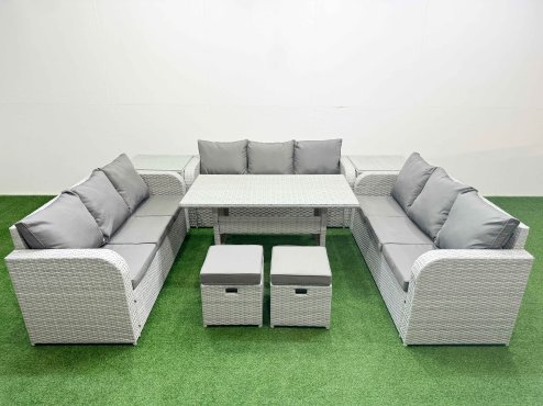 Fimous PE Rattan Lounge Sofa Set 11 Seater Outdoor Garden Furniture Set with Rectangular Dining Table 3 Seater Sofa 2 Stools 2 Side Table Light Grey
