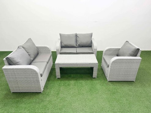 Fimous High Back Poly Rattan Garden Furniture Set with Reclining Chair Loveseat Sofa Oblong Coffee Table Indoor Outdoor Patio Set Light Grey