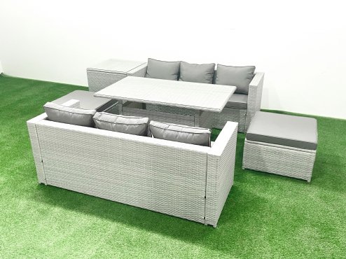 Fimous Rattan Garden Furniture Set 8 Seater Outdoor Sofa Set with Dining Table Side Table 2 Big Footstools Light Grey Mixed