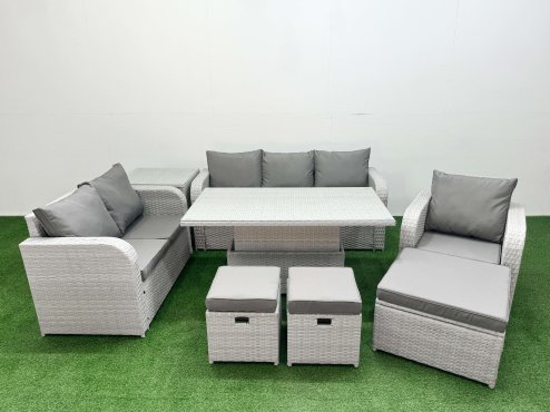Fimous Patio PE Wicker 9 Seater Outdoor Rattan Furniture Sofa Sets with Adjustable Lifting Dining or Coffee Table Reclining Chair Loveseat Sofa 3 Seater Sofa Stool Side Table Light Grey