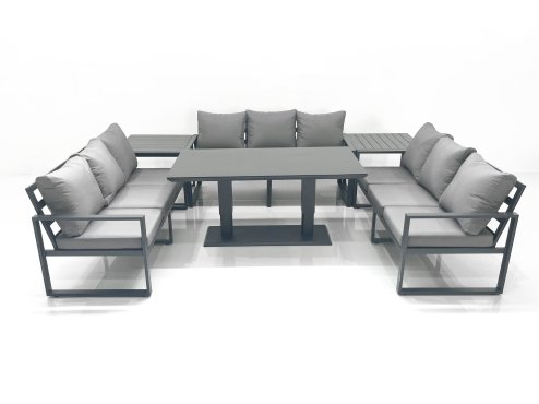 Fimous 9 Seater Garden Sofa Set Aluminium Furniture Rising Dining Tabe Set with 2 Side Tables Dark Grey