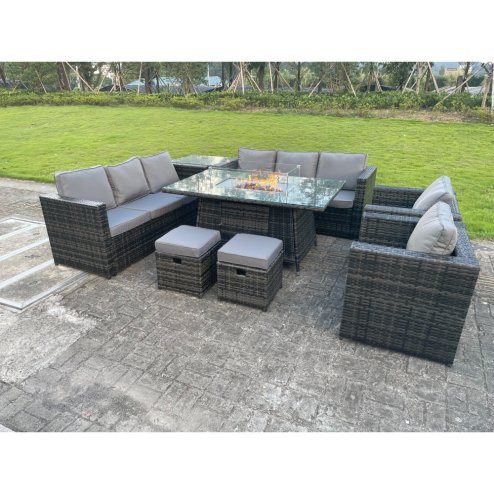 Fimous 10 Seater Outdoor Rattan Garden Furniture Gas Fire Pit Table Dining Set Gas Heater Lounge Chairs Small Footstools Dark Grey