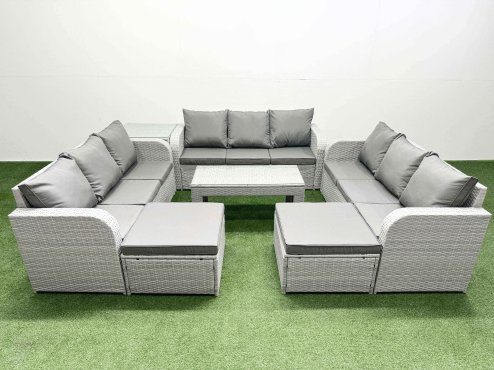 Fimous PE Rattan Lounge Sofa Set 11 Seater Outdoor Garden Furniture Set with Oblong Coffee Table 3 Seater Sofa 2 Big Footstools Side Table Light Grey