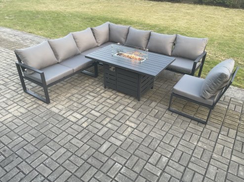 Fimous Aluminium Lounge Corner Sofa Outdoor Garden Furniture Sets Gas Fire Pit Dining Table Set Dark Grey