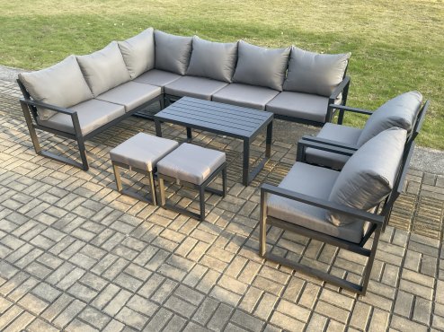 Fimous Aluminium Garden Furniture Set Outdoor Indoor Lounge Corner Sofa 2 Pcs Chair Oblong Coffee Table Sets with 2 Small Footstools Dark Grey