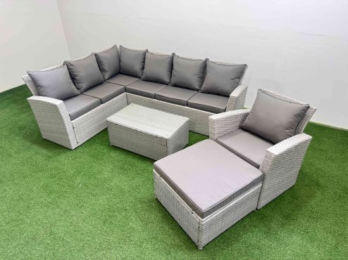 Fimous 8 Seater Garden Outdoor PE Rattan Furniture Set Rattan Garden Sofa Set with Big Footstool Light Grey Mixed